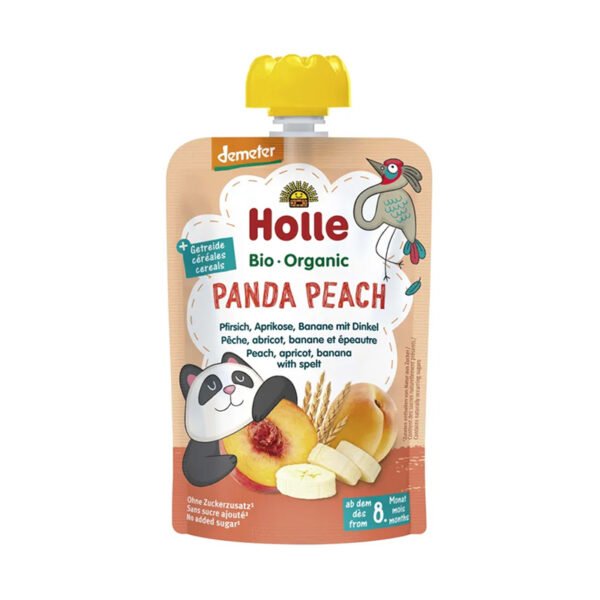 Holle – Panda Peach Pure frutash pjeshkë, kajsi, banane dhe tërshërë (8m+)