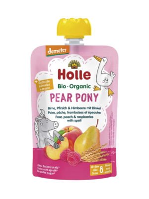 Holle – Pear Pony Pure frutash dardhë, pjeshkë, manaferra dhe tërshërë (8m+)